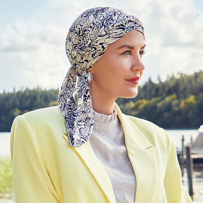 Turban aus Leinen Stoff. Leichts und luftiges Material für Frauen mit Haarausfall.
